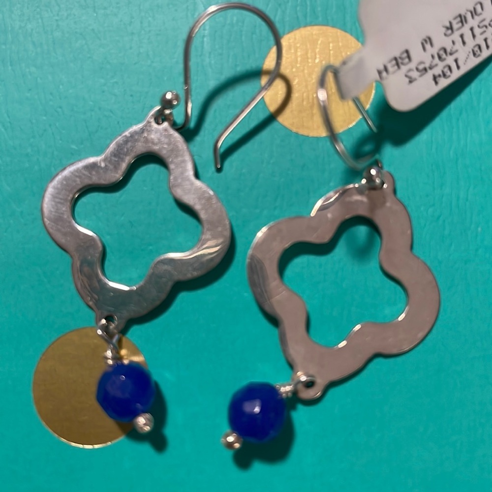 BNWT Sterling Silver Clover earrings with two blue beads.